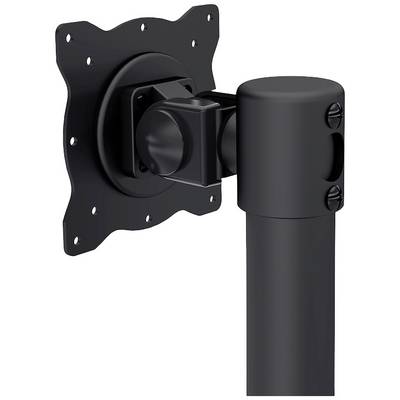 A black metal monitor mount in side view, showing the mounting plate and a joint at the end of a vertical arm.