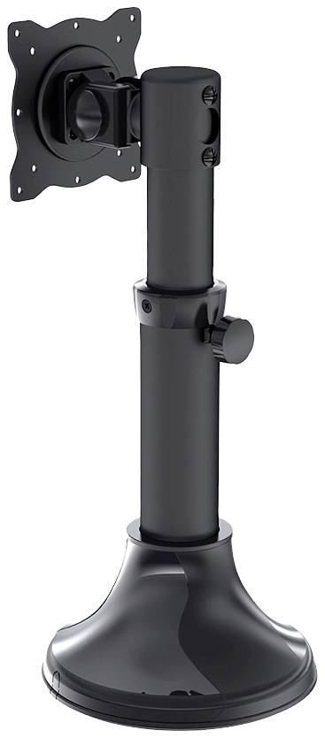 A black monitor stand with an adjustable neck and VESA mount, suitable for flexible positioning of displays.