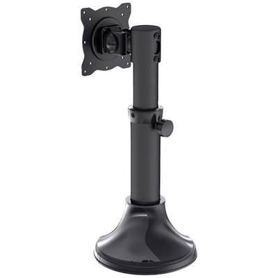 A black monitor stand with an adjustable neck and VESA mount, suitable for flexible positioning of displays.