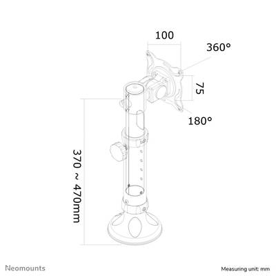 'Diagram of a monitor mount with angles: 100°, 360°, 75°, 180°. Adjustable height: 370-470 mm. Unit of measurement: mm.'