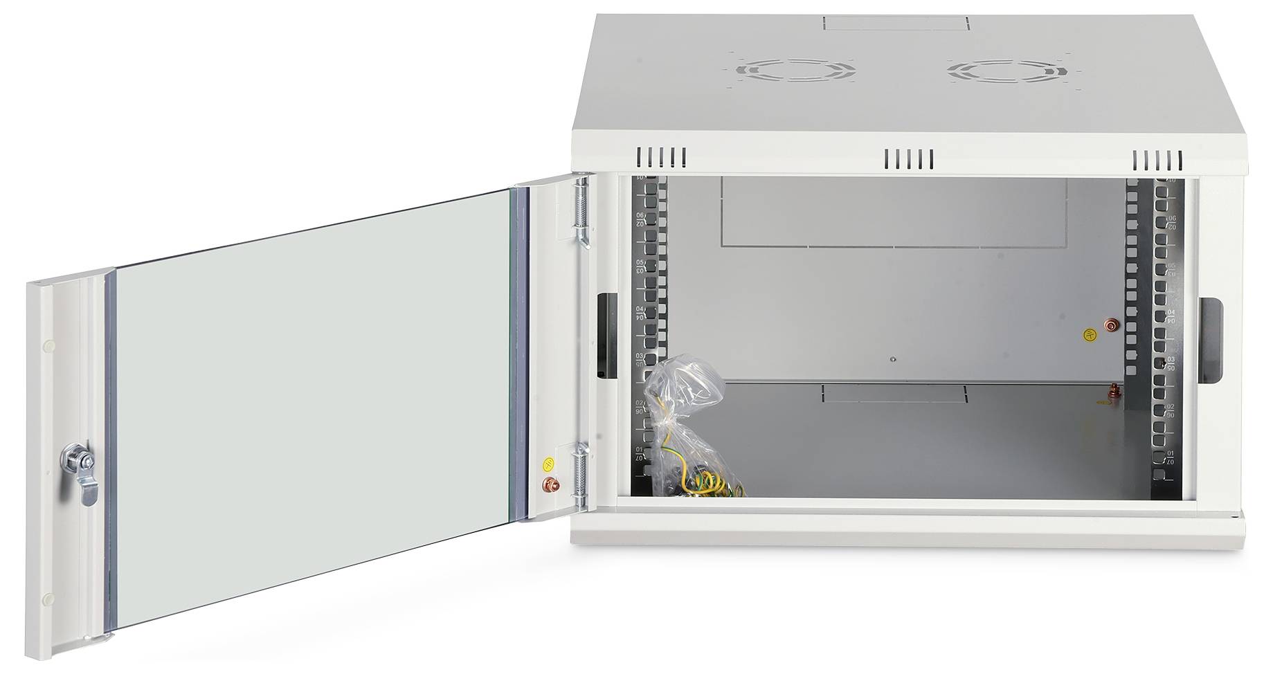 A wall-mounted, open-front server cabinet with adjustable rails and ventilation slots, viewed from an angle with the door ajar.