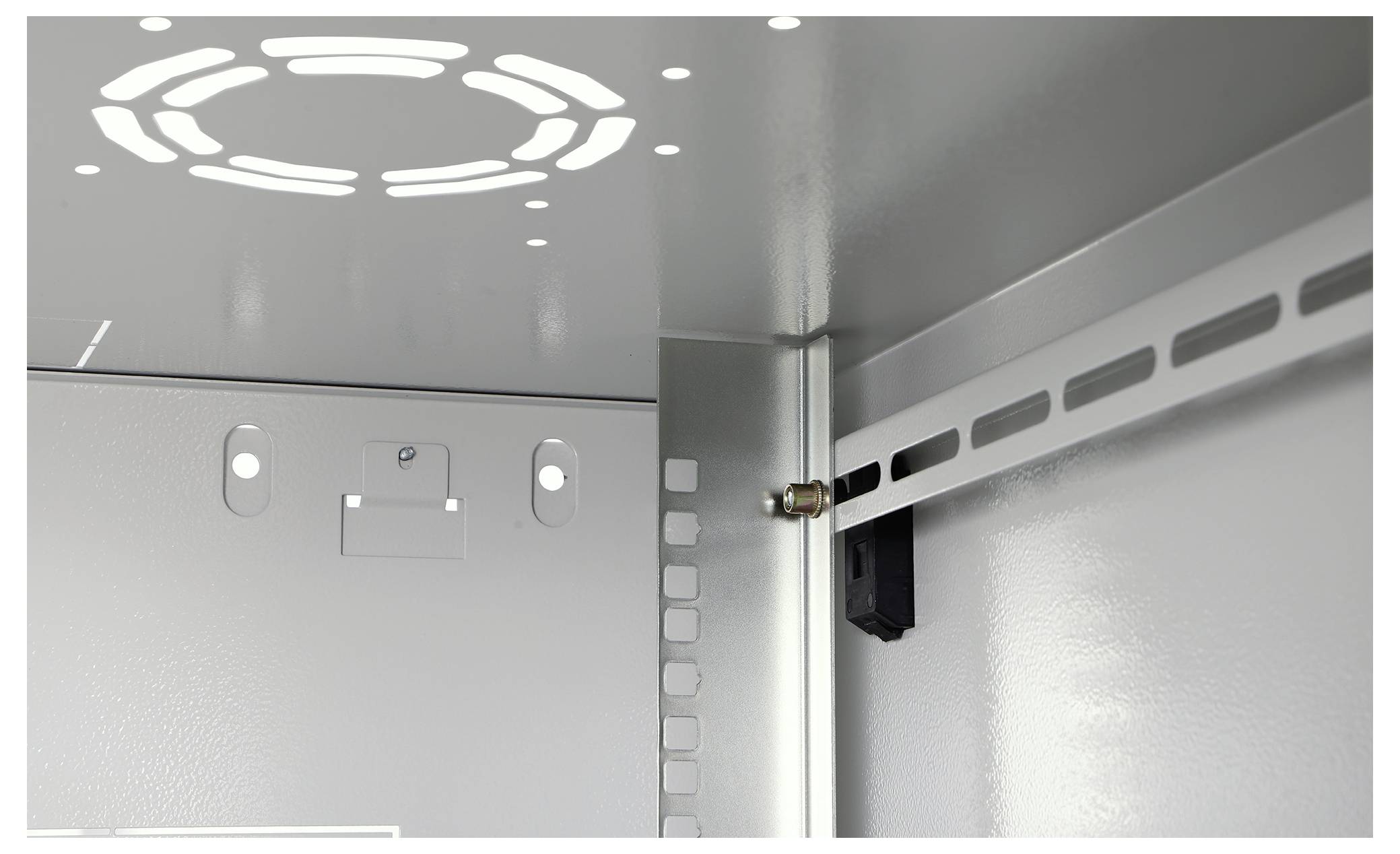 The interior view of a metal cabinet shows the structured layout and mounting holes for electronic equipment installation.