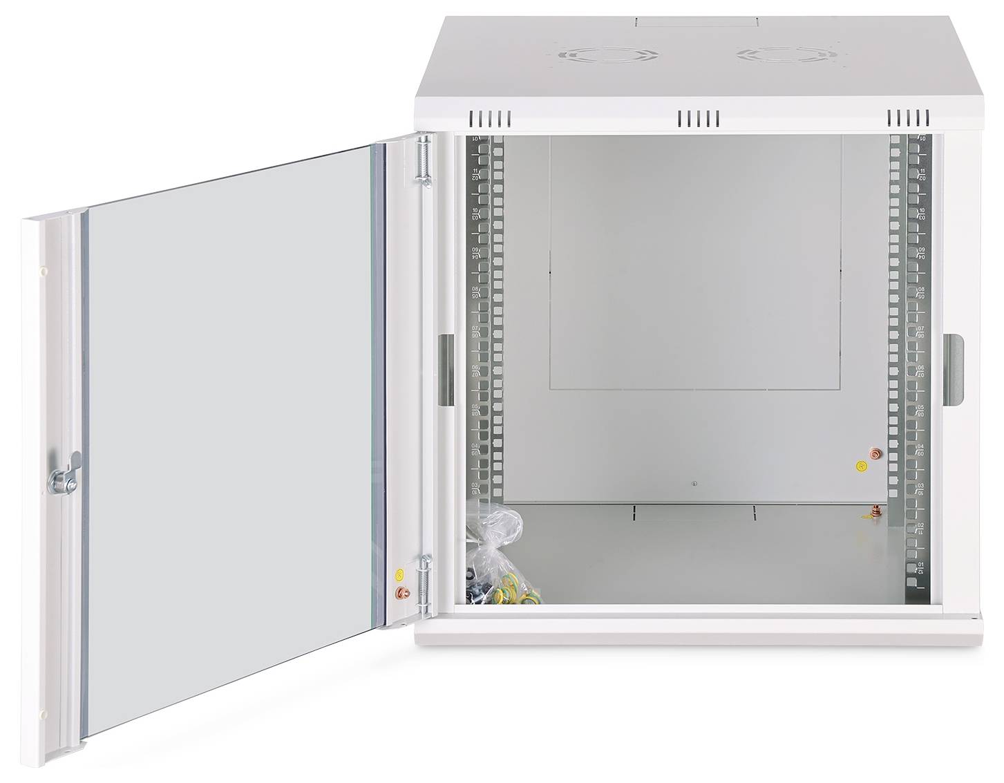An open white wall-mounted server rack with a clear front door. The interior is empty, showing mounting rails on each side.