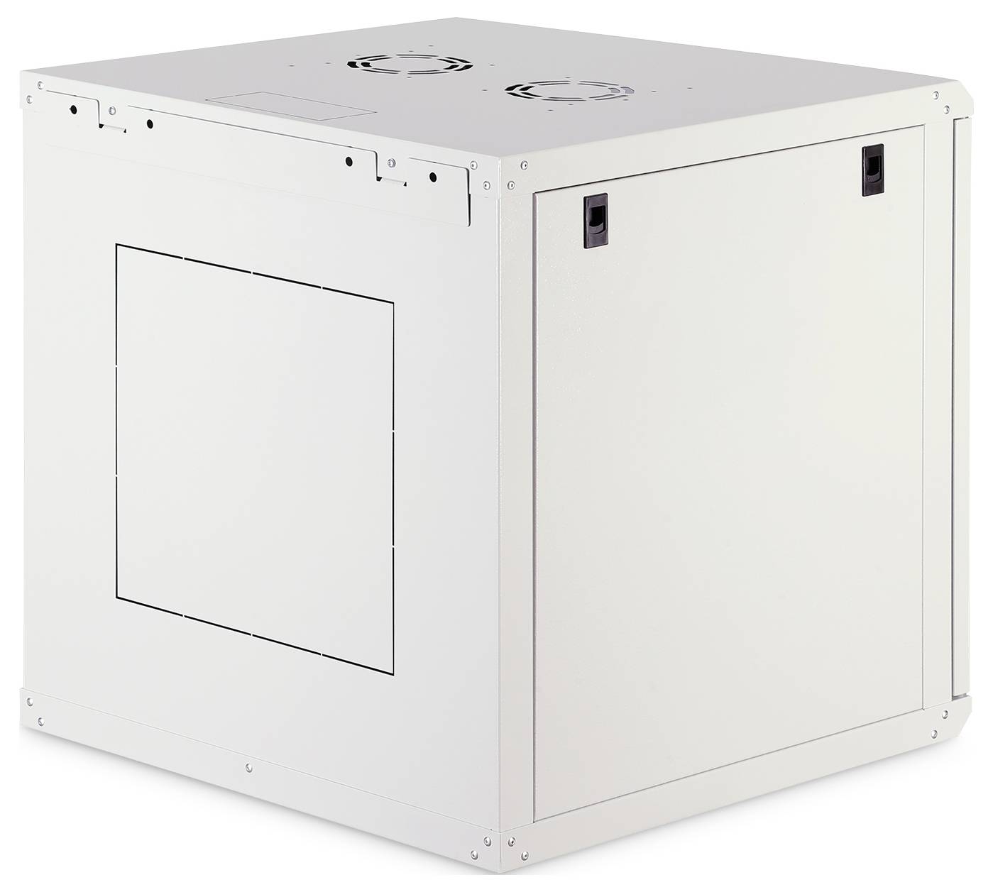 A white, square metal box with vents on top and handle latches on the sides, possibly a piece of industrial equipment or a storage container.