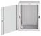 An open white metal cabinet with a door hinged on the left. The interior is empty, except for a plastic bag at the bottom containing small parts.