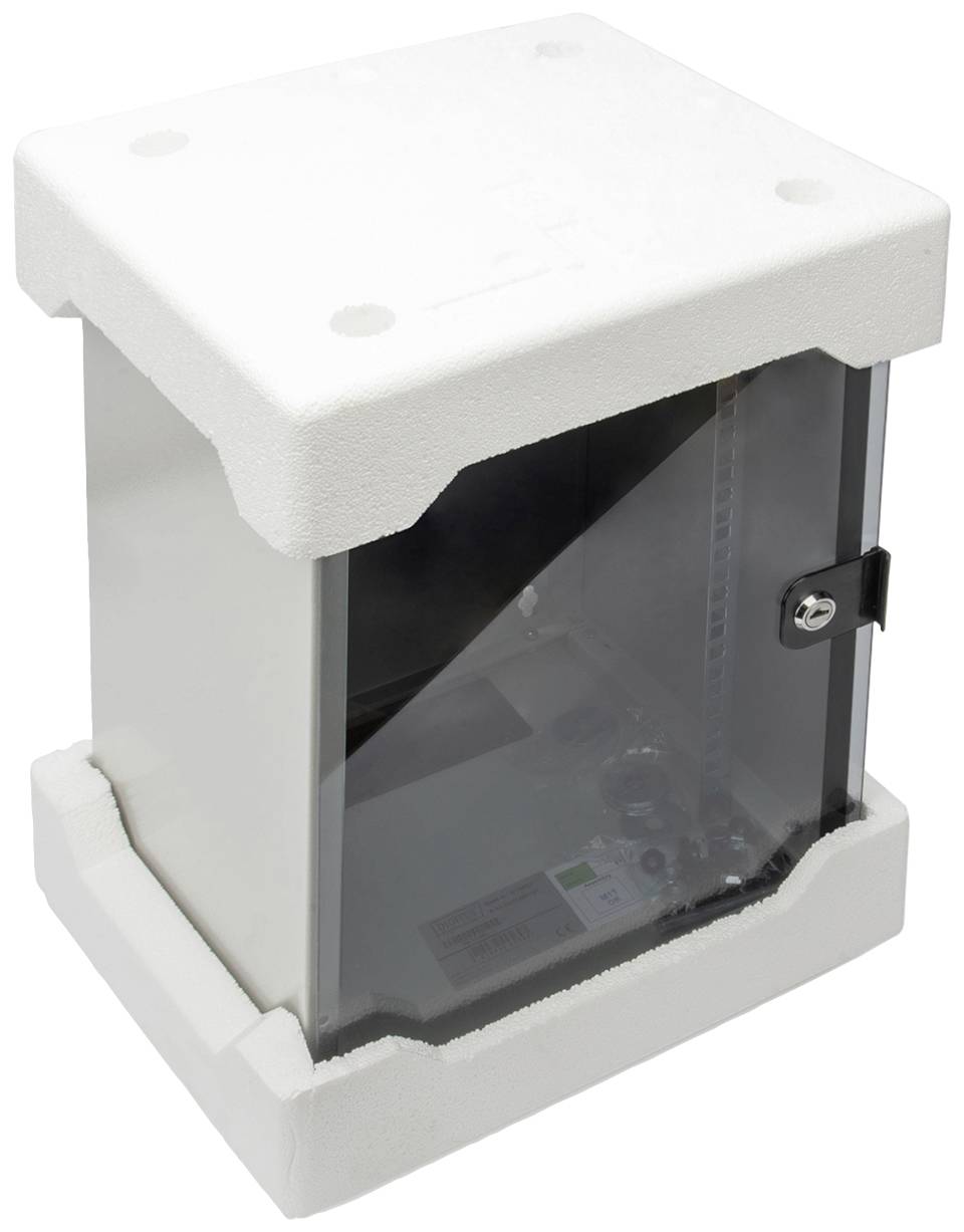 Isolated white plastic container with a transparent door window, secured by a metal latch. Used for secure storage.