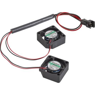 'Two small fans with cable connections, used for cooling electronic devices. Both fans are interconnected and have a shared plug.'