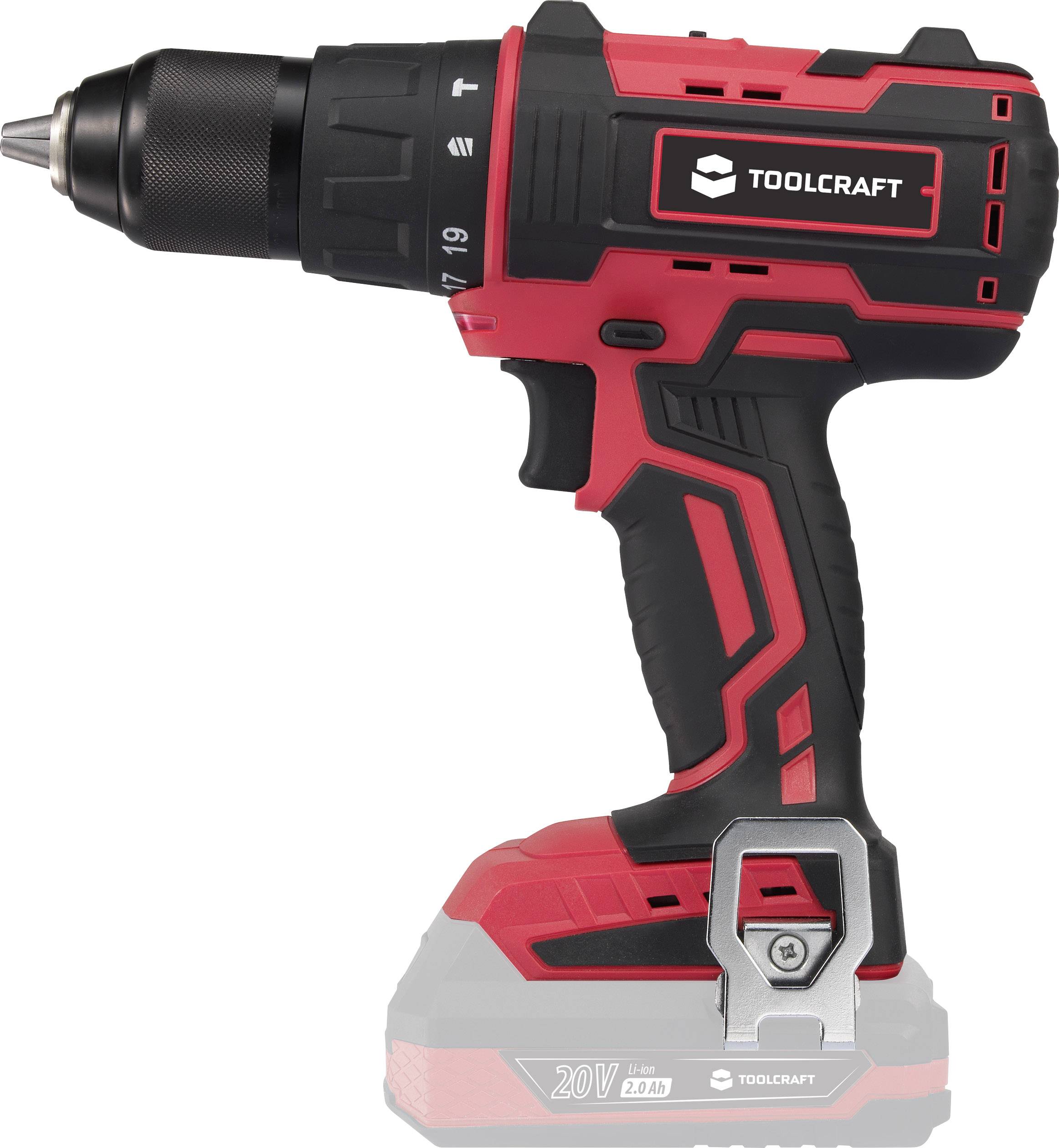 Cordless drill in red and black with an ergonomic handle and integrated tool holder. 'Toolcraft' brand, 20V power.
