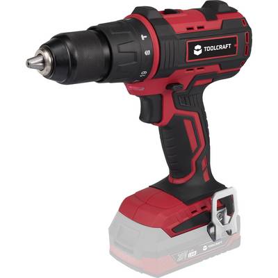 Cordless drill in red and black, pictured from the side. The 'Toolcraft' brand logo is visible. Drill head and handle are shown.