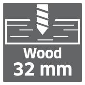 Symbol of a drill bit penetrating wood 32 mm thick; text: 'Wood 32 mm', indicates drilling capacity.
