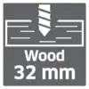 Symbol of a drill bit penetrating wood 32 mm thick; text: 'Wood 32 mm', indicates drilling capacity.