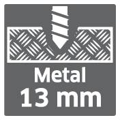 A symbol shows a metal drilling. Text: 'Metal 13 mm'. A drill bit penetrates a piece of metal.
