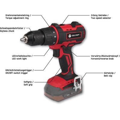 A turquoise cordless drill driver with labels indicating different parts: chuck, motor, battery, handle, and switch.