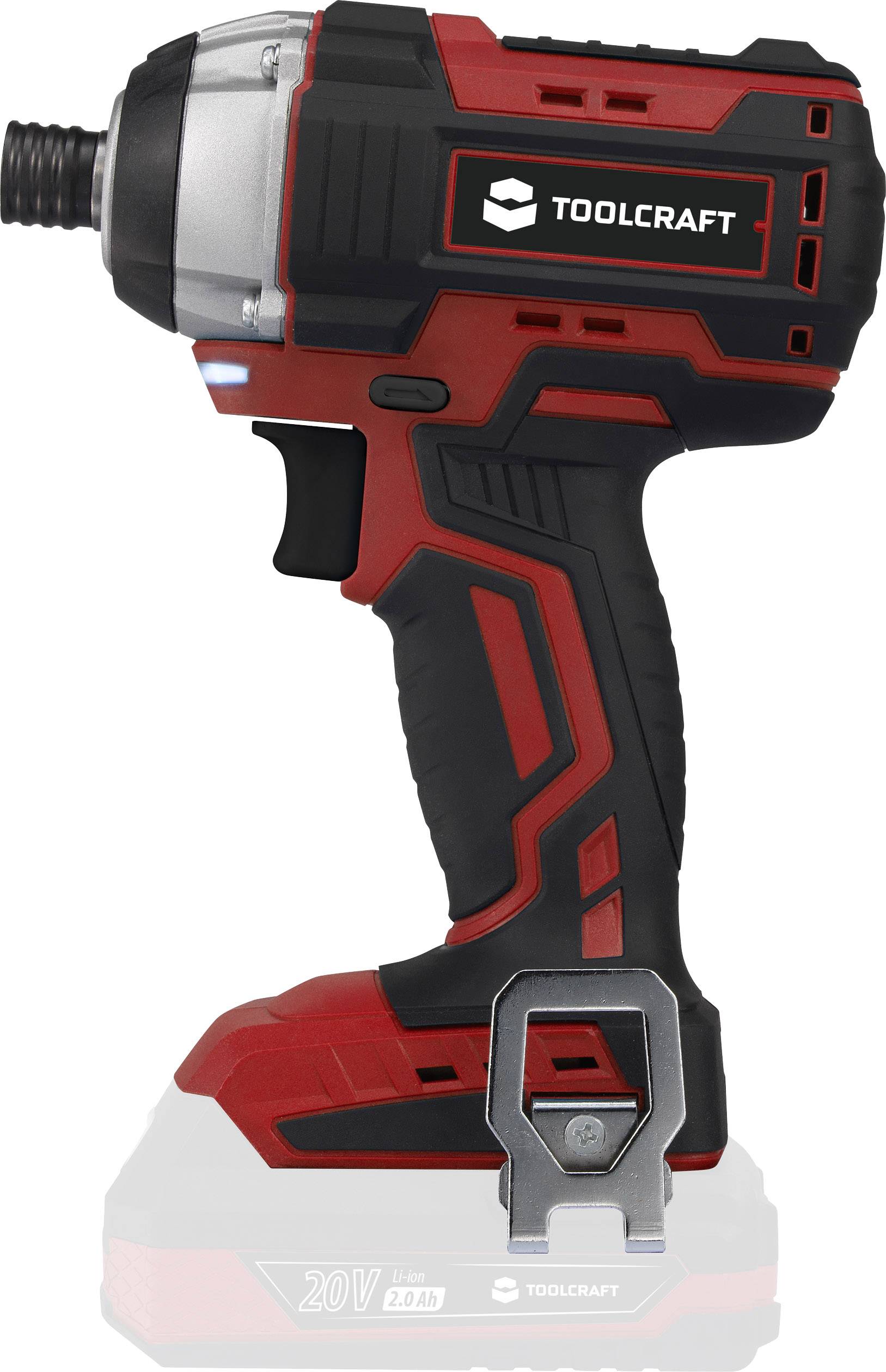 Cordless drill with a red casing, black handle, and silver head. 'TOOLCRAFT' brand name on a black background.