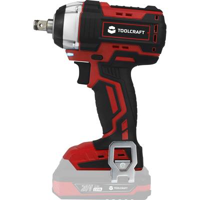 Cordless impact driver with black and red design, marked with 'TOOLCRAFT'. Showing the handle, trigger, battery compartment, and metal hook.