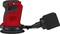 A red orbital sander with a black handle and dust collector, sits on a white surface, ready for surface grinding.
