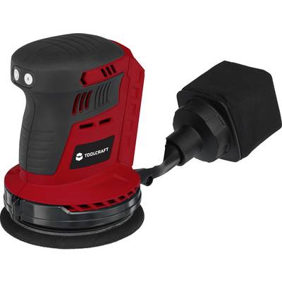 Red electric sander with a black handle and dust collection container, suitable for polishing and sanding work on various surfaces.