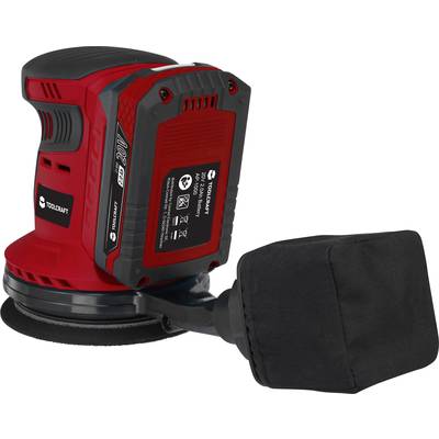 A red, portable battery-powered orbital sander with a black dust bag. Suitable for sanding surfaces.