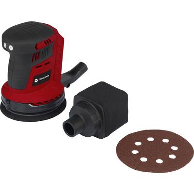 A red eccentric grinding machine with a black handle, alongside a dust collection container and a perforated sanding paper.