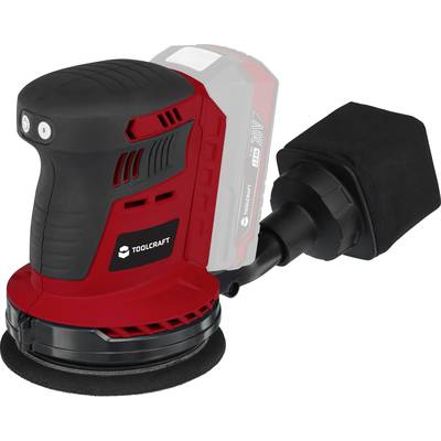 A red and black electric orbital sander by TOOLCRAFT, with a removable battery and dust collection container.
