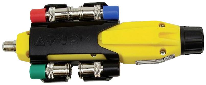 A colourful adaptor with multiple ports and a yellow handle, used for connecting different cable types.