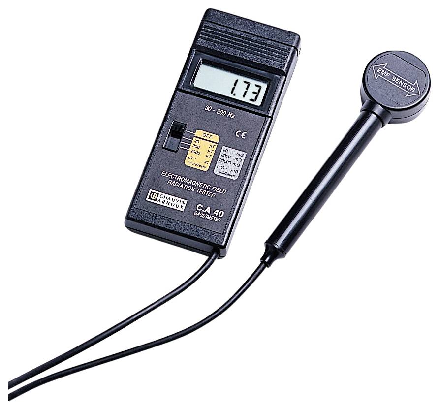 A handheld device for measuring electromagnetic radiation with a digital display and connected sensor.