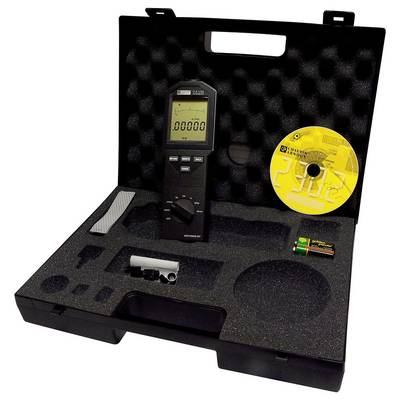 Black suitcase with foam lining, contains a digital measuring device, a battery, a yellow CD case, and cable accessories.