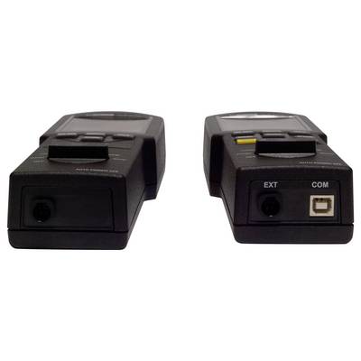 'Two black electronic devices with multiple ports and controls, front and rear view.'