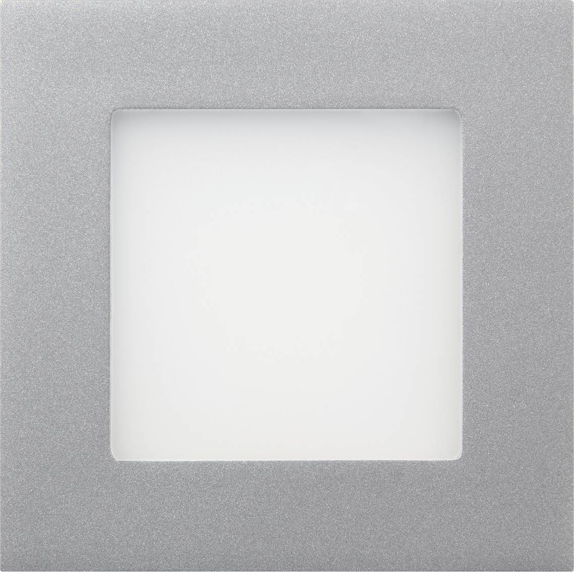 Silver square light switch with rectangular surround and central switching area.