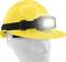 Yellow safety helmet with head torch attached, actively illuminating; suitable for safety and construction work.