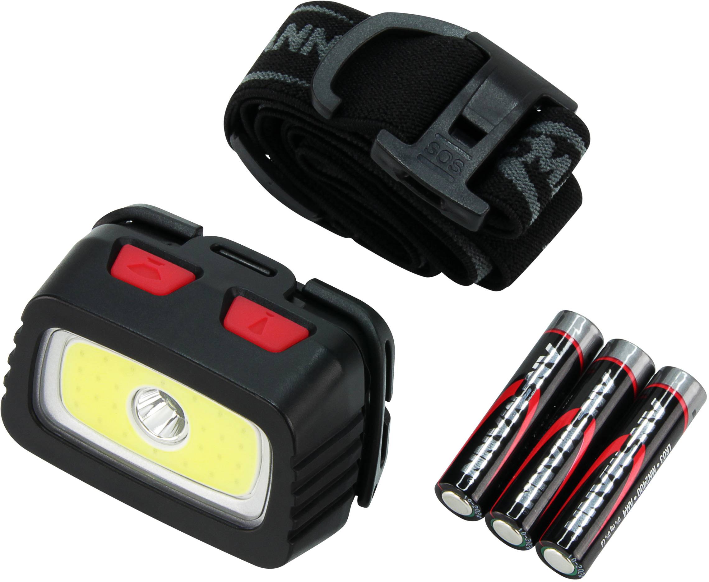 'LED head torch with elastic headband and three AA batteries.'