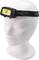 Head torch on a mannequin head. Black band with yellow LED light. Suitable for outdoor activities in the dark.