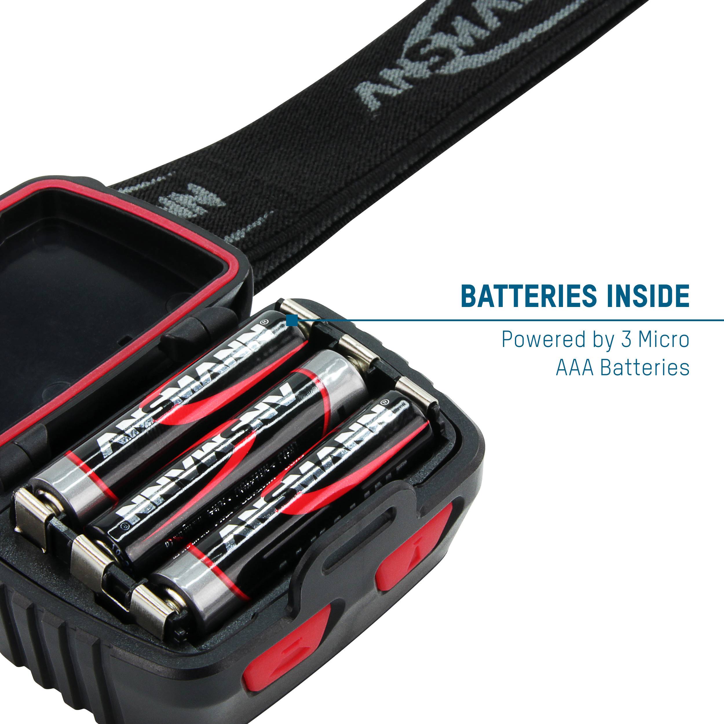 An open black packet containing an electronic device powered by three inserted AAA batteries.
