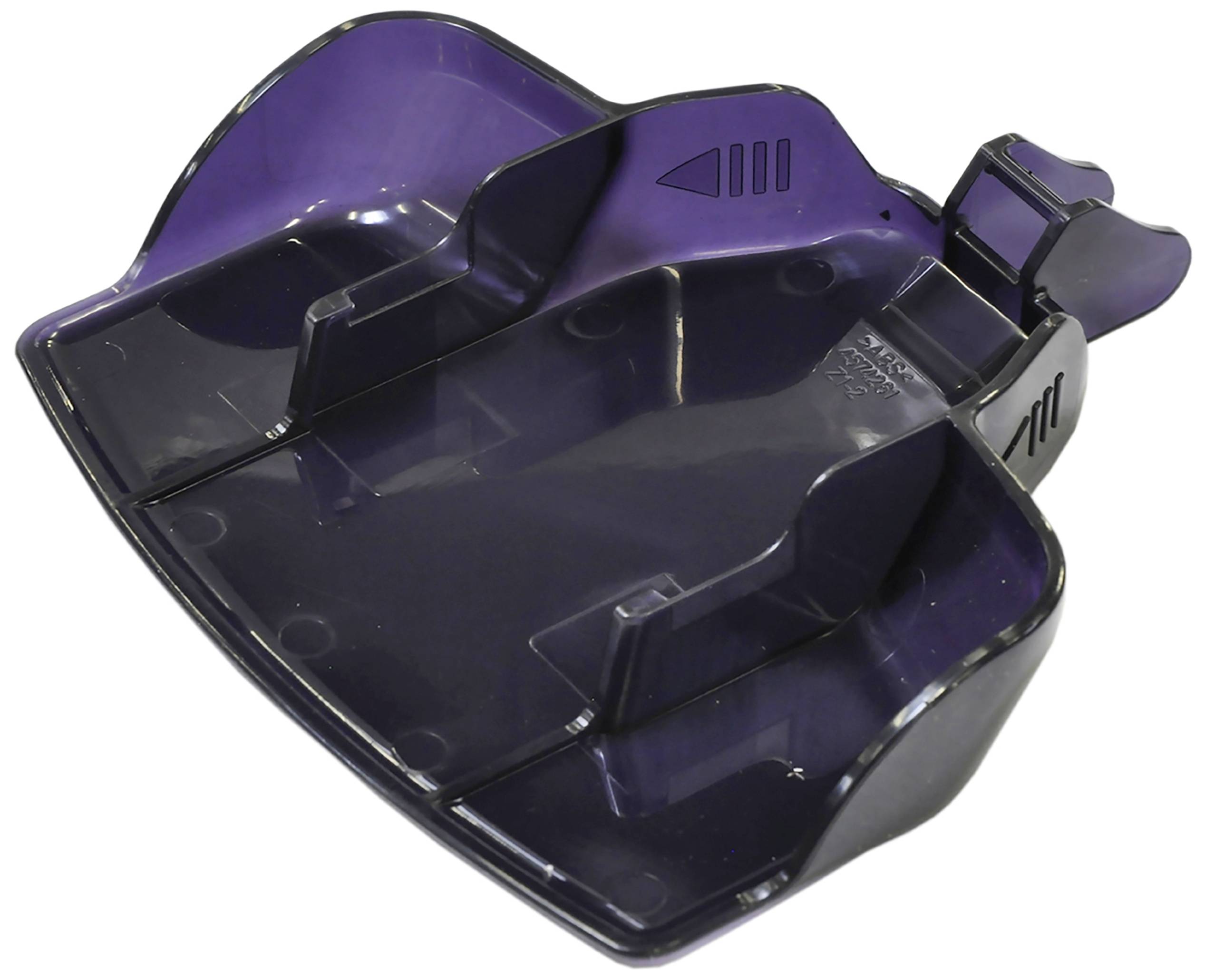 A purple plastic insert, likely part of a device, with offset supports and handles that suggest its structure and function.