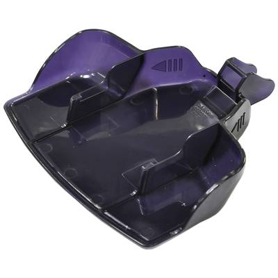 A purple plastic insert, likely part of a device, with offset supports and handles that suggest its structure and function.