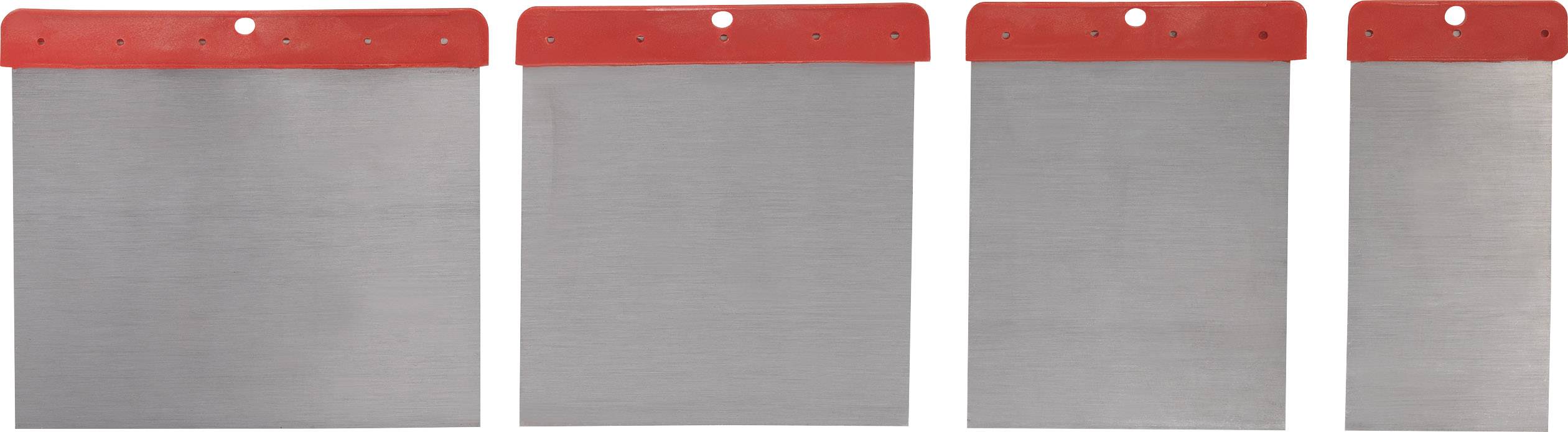 Four trowels with red handles in ascending width arranged side by side. Primarily used for painting work and applying filling materials.