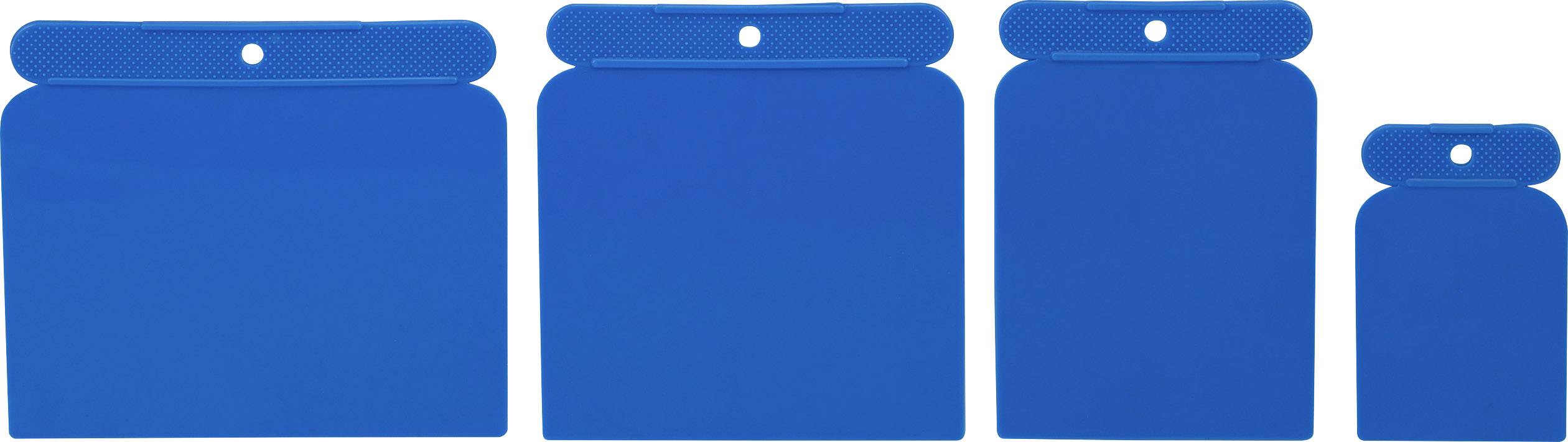 Four blue plastic carrier bags of varying sizes placed side by side. Each bag has a hole in the centre at the top.