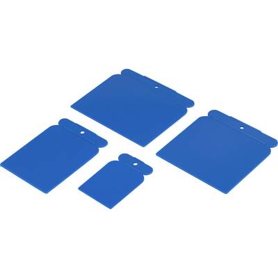 Four blue plastic squeegees in various sizes, rectangular with rounded corners and a ribbed top edge.