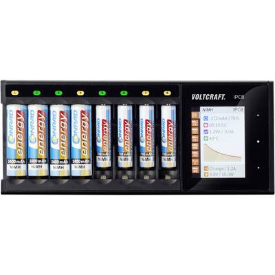 Eight AA batteries are being charged in a charger. A display shows the charging states and temperatures of the batteries.