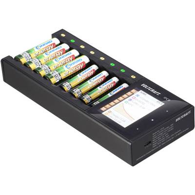 Battery charger with eight inserted AA batteries, display shows charging process and capacity. Suitable for various battery types.