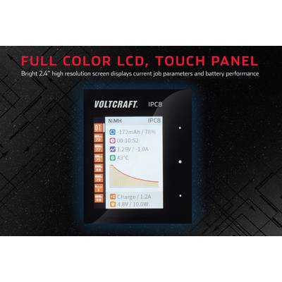 The image shows an LCD touchpanel from VOLTCRAFT IPC8. It displays details such as charge status '172mAh/78%', a graphic, and temperature '43°C'.
