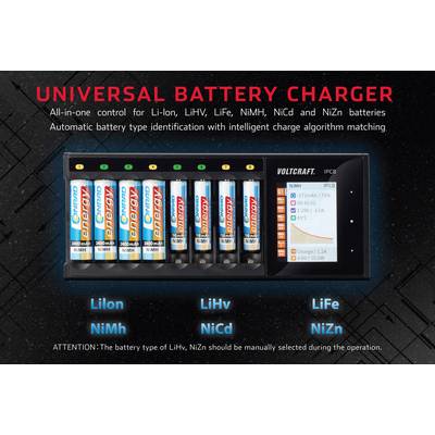 Universal Battery Charger: Charges Li-Ion, LiHv, LiFe, NiMH, NiCd, NiZn. Automatic Battery Type Detection with Intelligent Charging Algorithm.