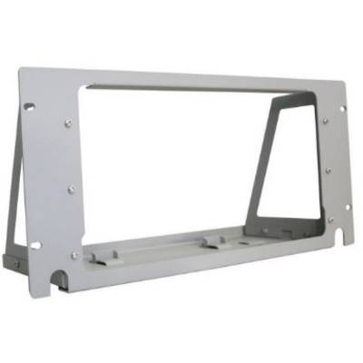 Metal frame bracket with rectangular opening and angled support section, suitable for installations or DIY projects.