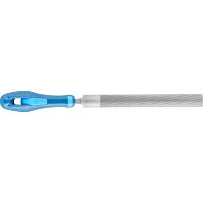 Metal file with a blue ergonomic handle and grey filing surface, used for working on metal surfaces.