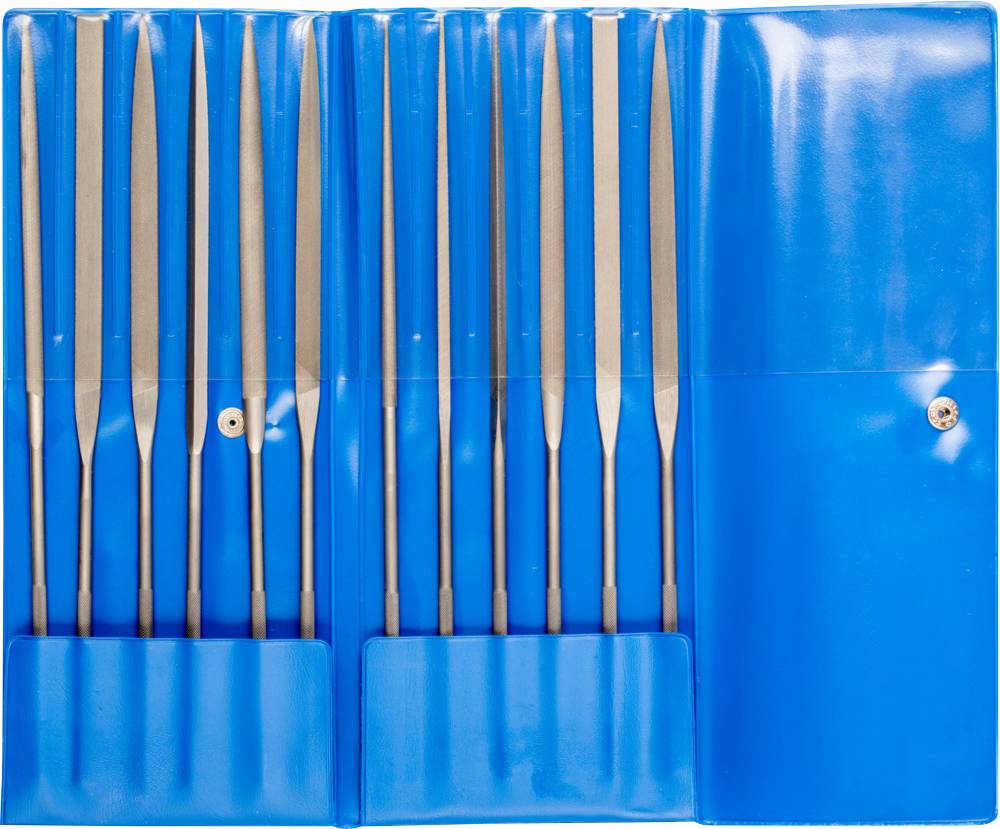 A set of sharp needle files in a blue, open plastic case. The files are evenly arranged and visible.
