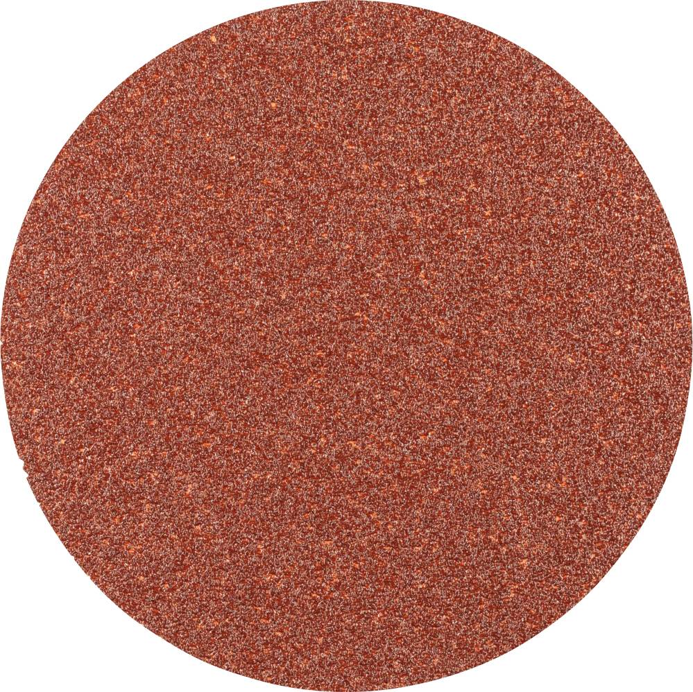 A round, red sandpaper with a coarse grit, used for woodworking and metalworking.