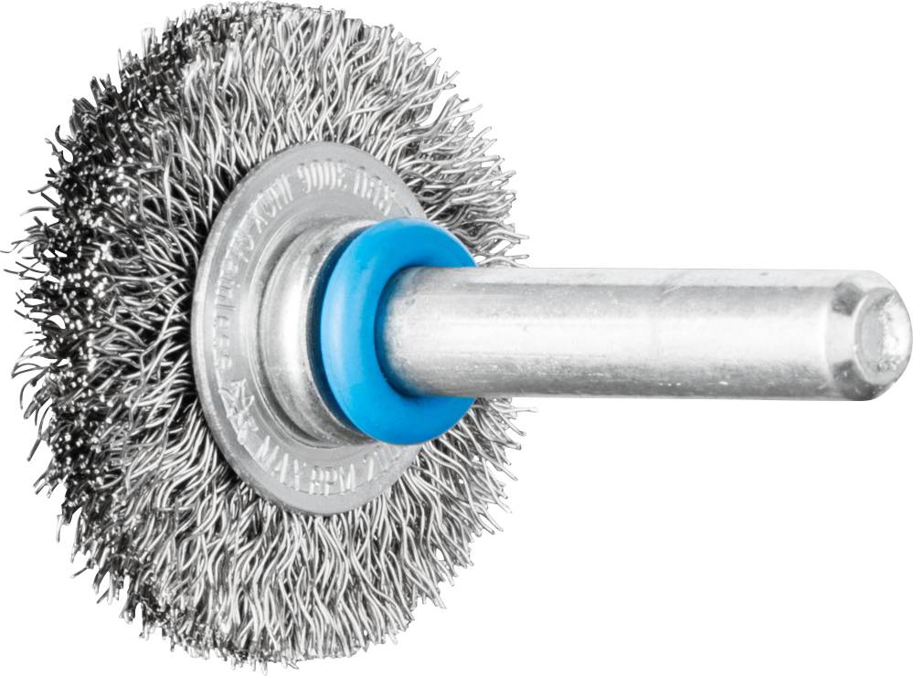 Wire brush attachment with metallic bristles and blue spacer, suitable for grinding and cleaning work.