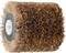 A brown brush roller with dense bristle coverage, shown from the side, viewed from the perspective of the metal mounting.