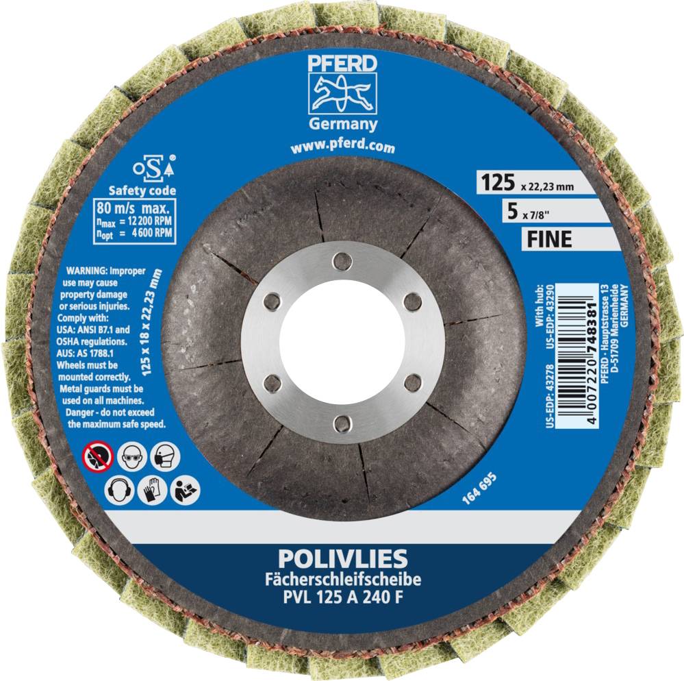 Grinding disc with green lamellae and inscription 'POLIVLIES Flap Disc PVL 125 A 240 F', brand PFERD from Germany.