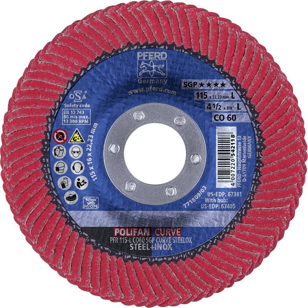 PFERD grinding disc with a red border and blue centre, size and type specifications, suitable for steel and stainless steel, safety markings present.